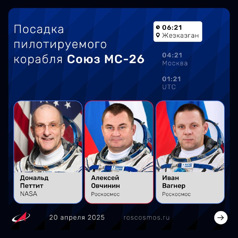 Завершение миссии экипажа «Союз МС-26»: трансляции关键ных этапов возвращения на Землю Завершение миссии экипажа «Союз МС-26»: трансляции关键ных этапов возвращения на Землю